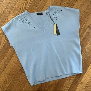 Tahari Calm Blue Knit/Sweater Top Soft Cut-Out Embroidered Neckline S/P